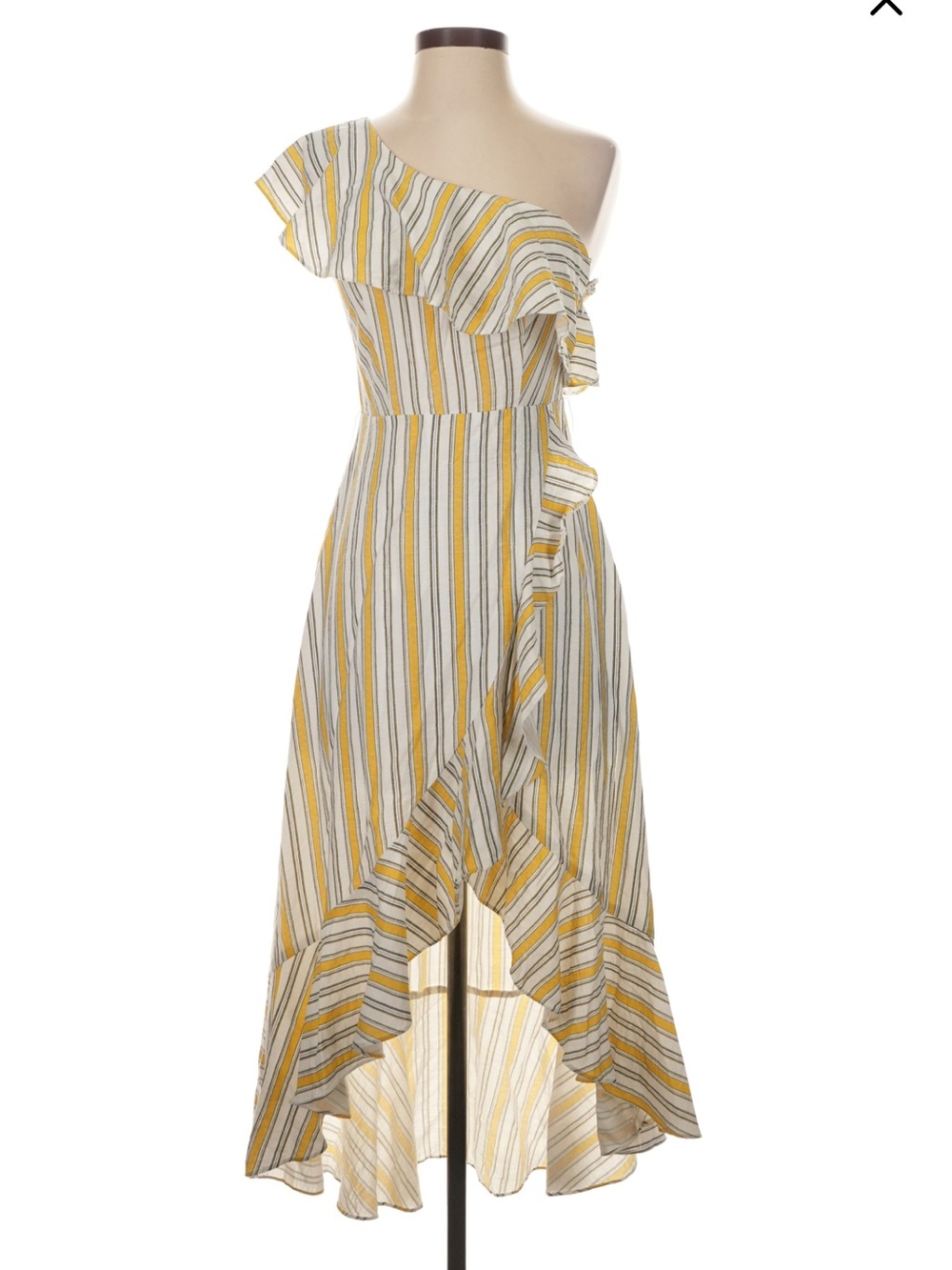 Lulu's White and Mustard Striped One-Shoulder Ruffle Midi Dress